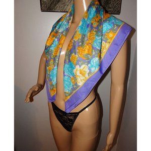 Vintage Blue & Purple Extra Large Floral Scarf square shaped flowers leaves 70s